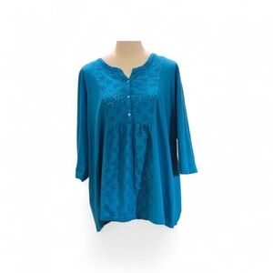 Woman Within Women’s 1X Teal Blue-Green Eyelet Embroidered Tunic Top 3/4 Sleeve